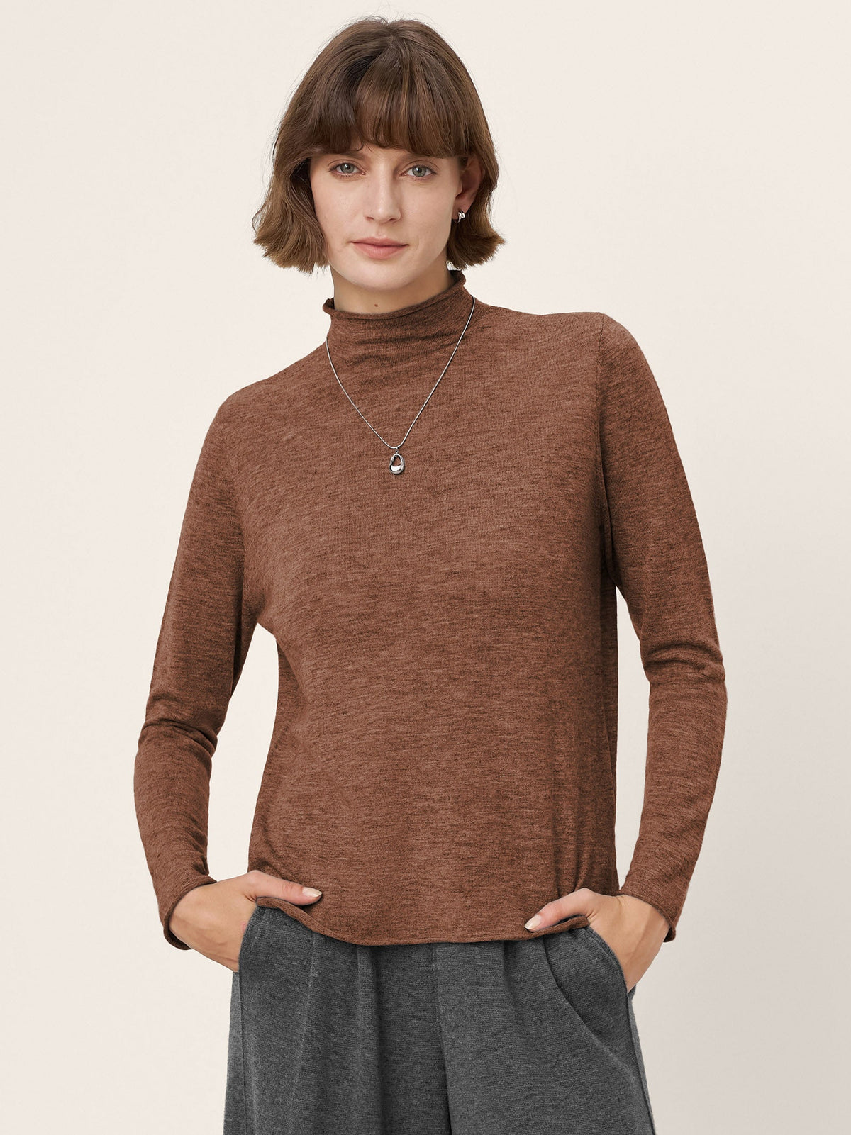 100% Extra-Fine Merino Wool Mock Neck Sweater with Rolled Edge ELA