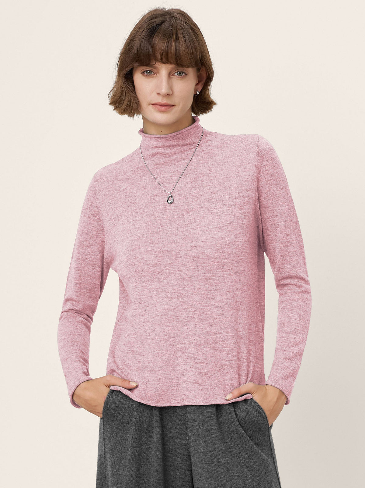 100% Extra-Fine Merino Wool Mock Neck Sweater with Rolled Edge ELA