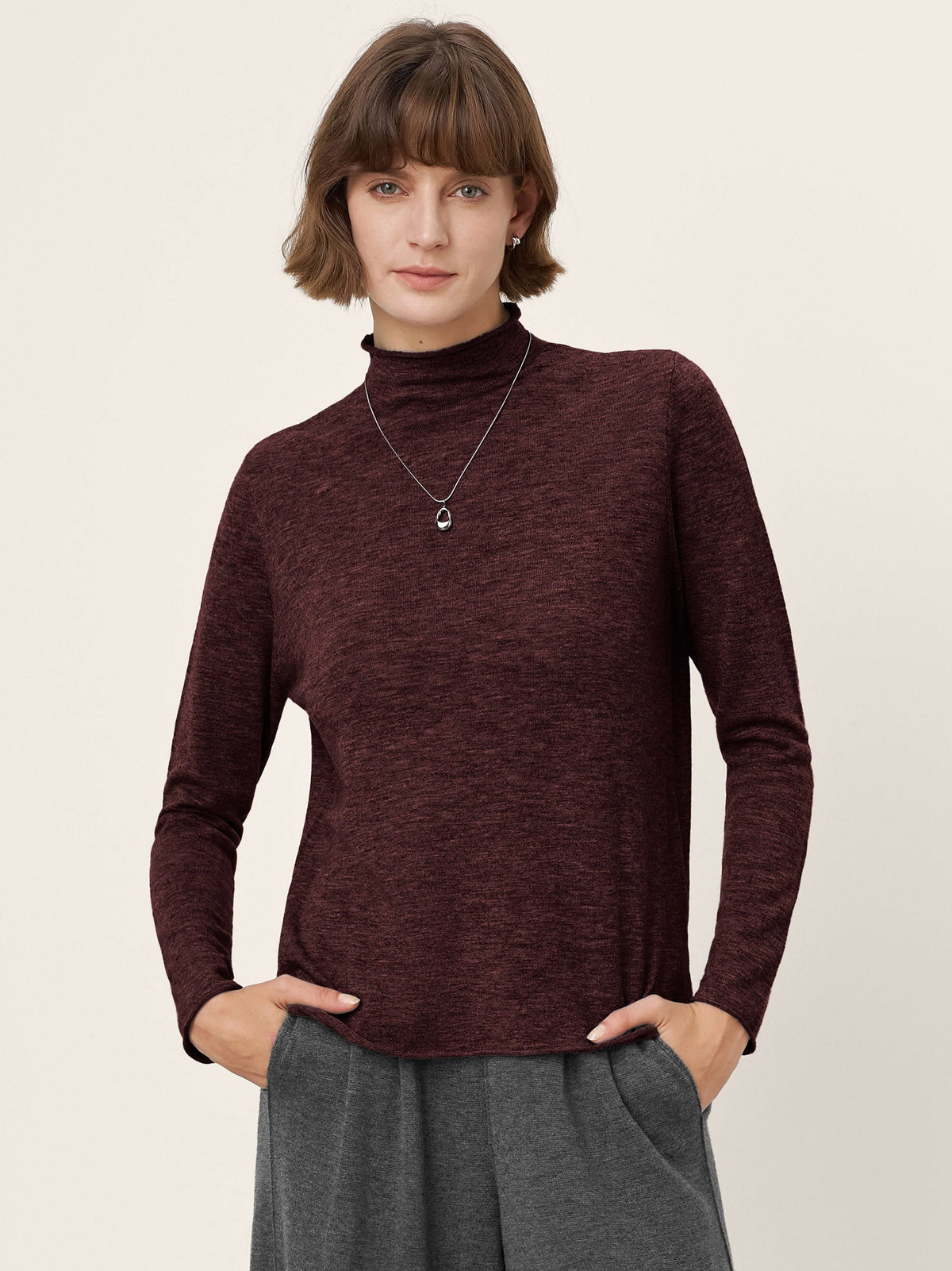 100% Extra-Fine Merino Wool Mock Neck Sweater with Rolled Edge ELA