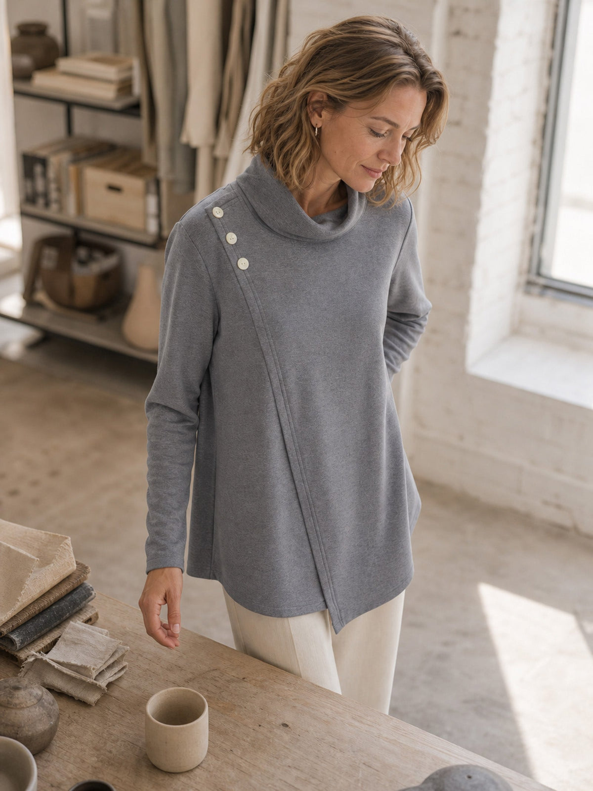 Mock Neck Buttoned Stretch Top ZARIA