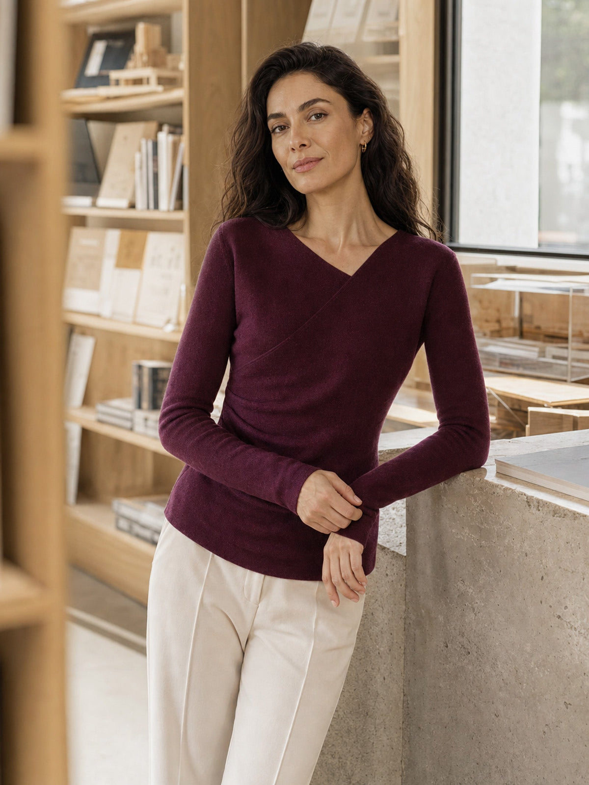 Merino Wool Side-Gathered Crossover V-Neck Top JOVANNA