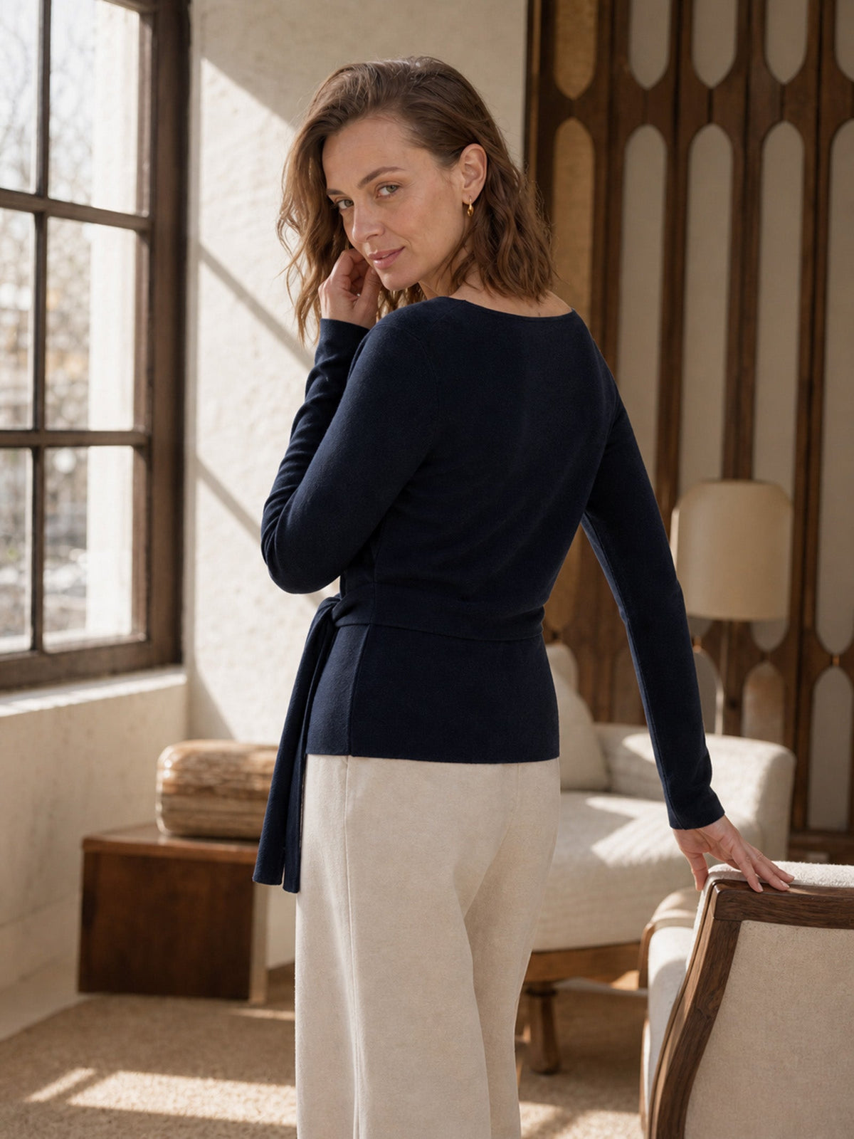 Merino Wool Belted Waist Boat Neck Top NATALIA