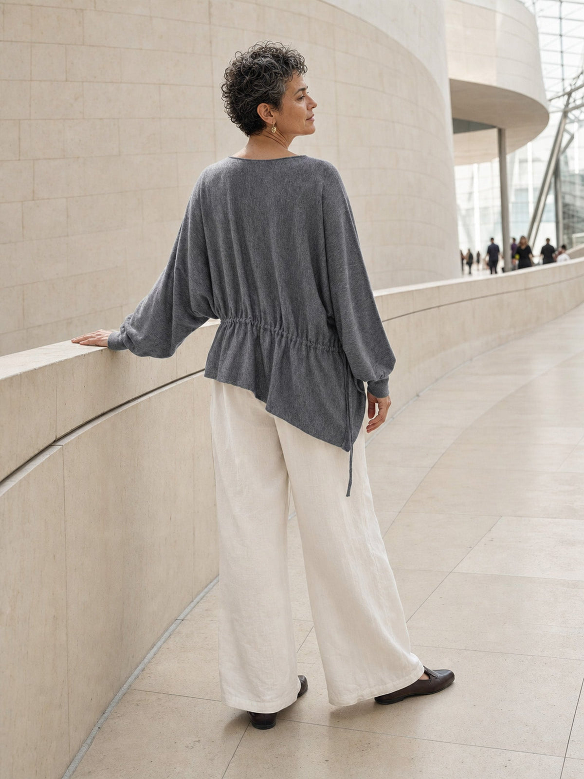 Merino Wool Asymmetric Drawstring Hem Loose Top WREN
