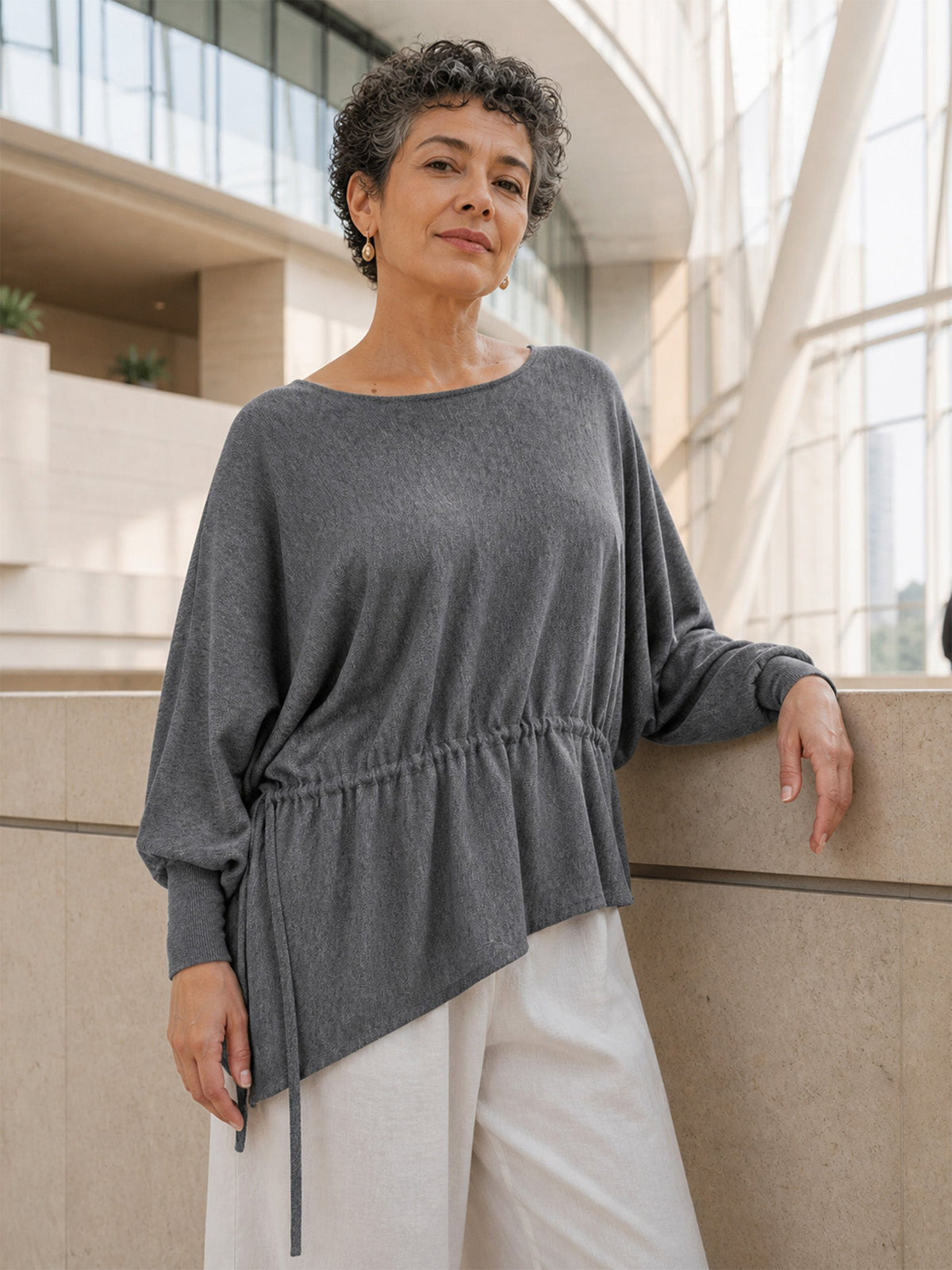 Merino Wool Asymmetric Drawstring Hem Loose Top WREN