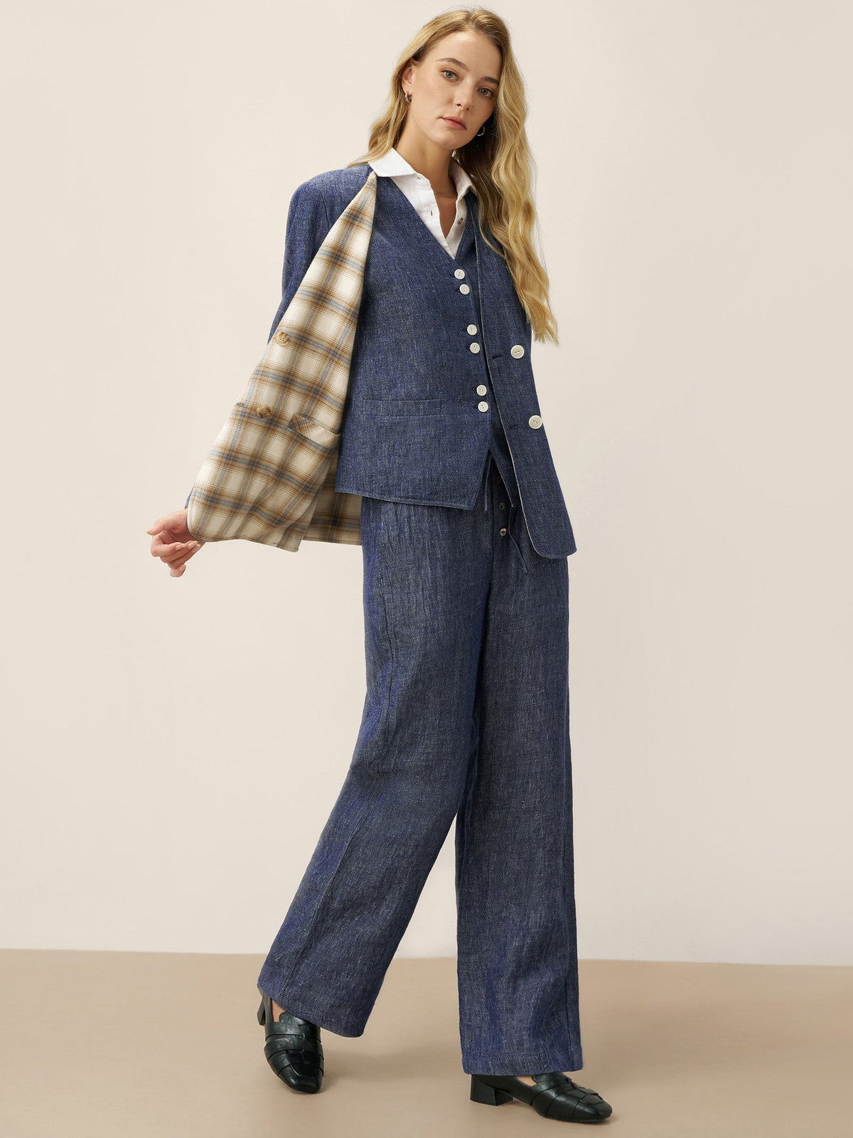 Linen Reversible Denim Texture V-Neck Jacket ELLIE