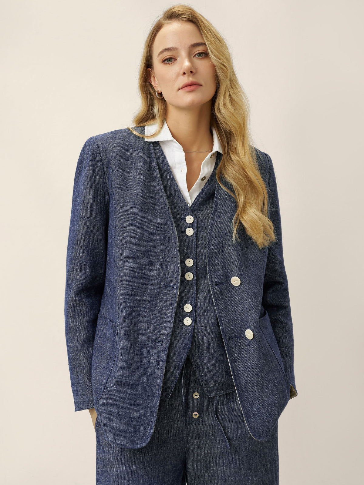 Linen Reversible Denim Texture V-Neck Jacket ELLIE