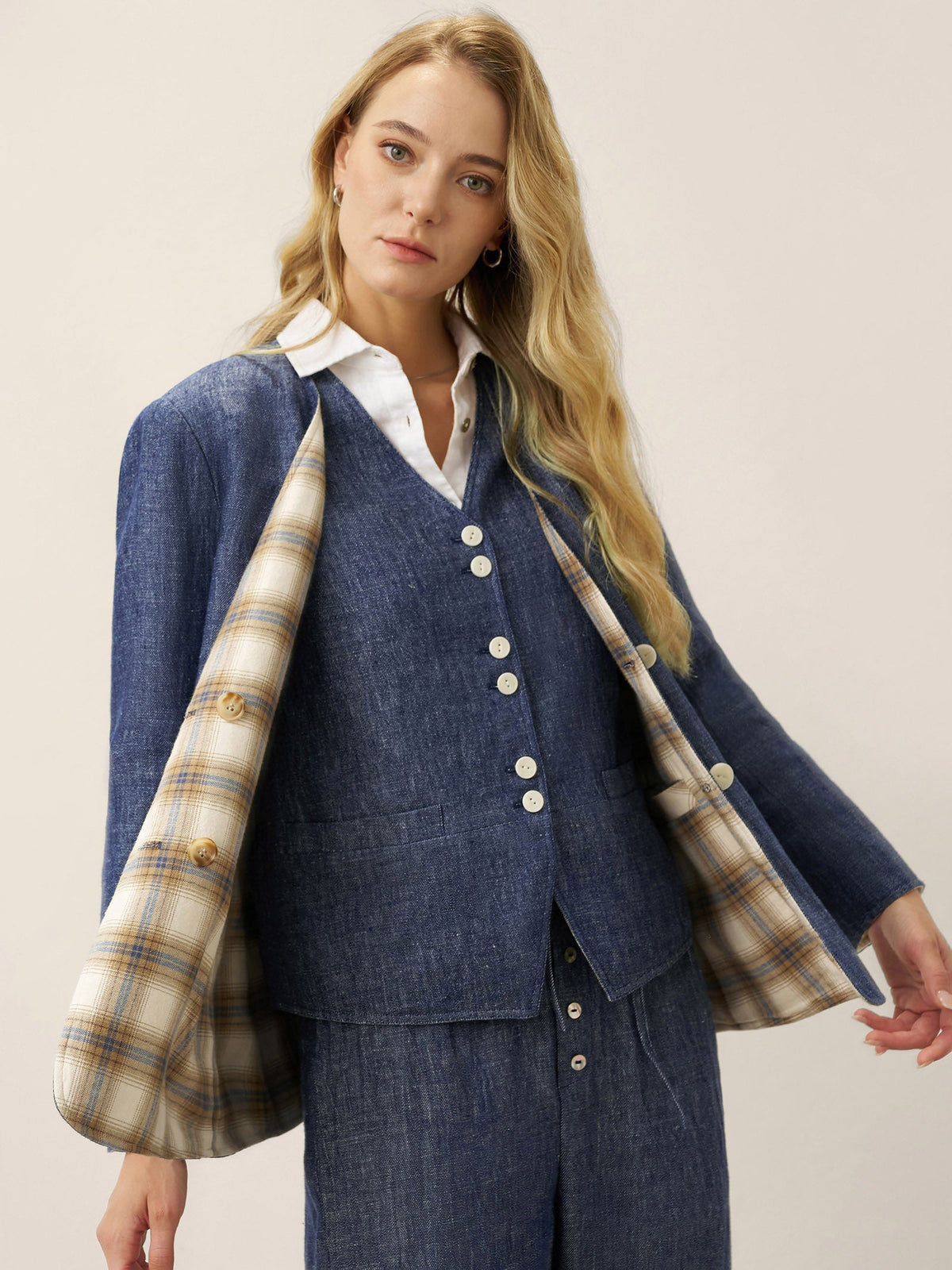 Linen Reversible Denim Texture V-Neck Jacket ELLIE