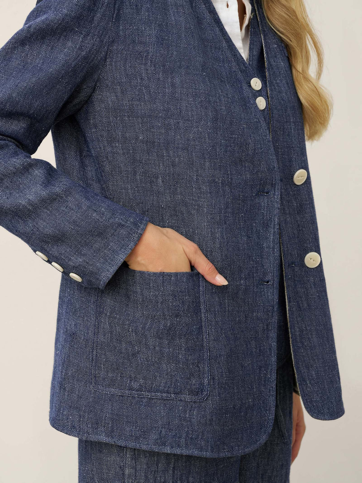Linen Reversible Denim Texture V-Neck Jacket ELLIE
