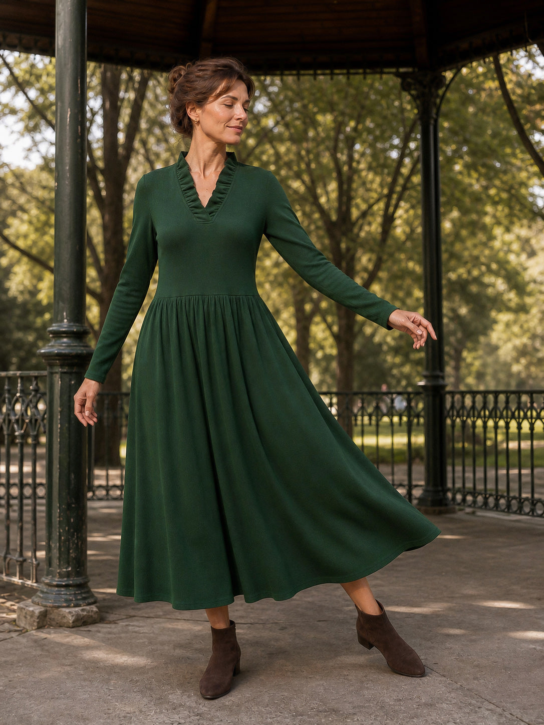 Lyocell Ruffle V-Neck Gathered Waist Knit Midi Dress BRIELLE