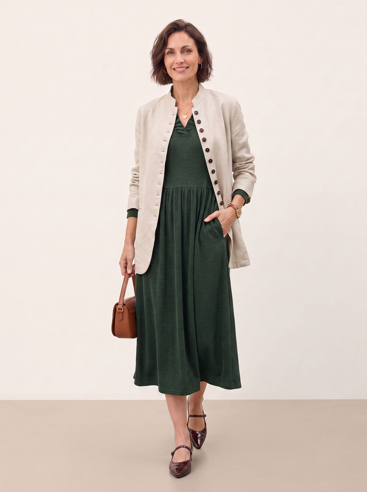 Lyocell Ruffle V-Neck Gathered Waist Knit Midi Dress BRIELLE