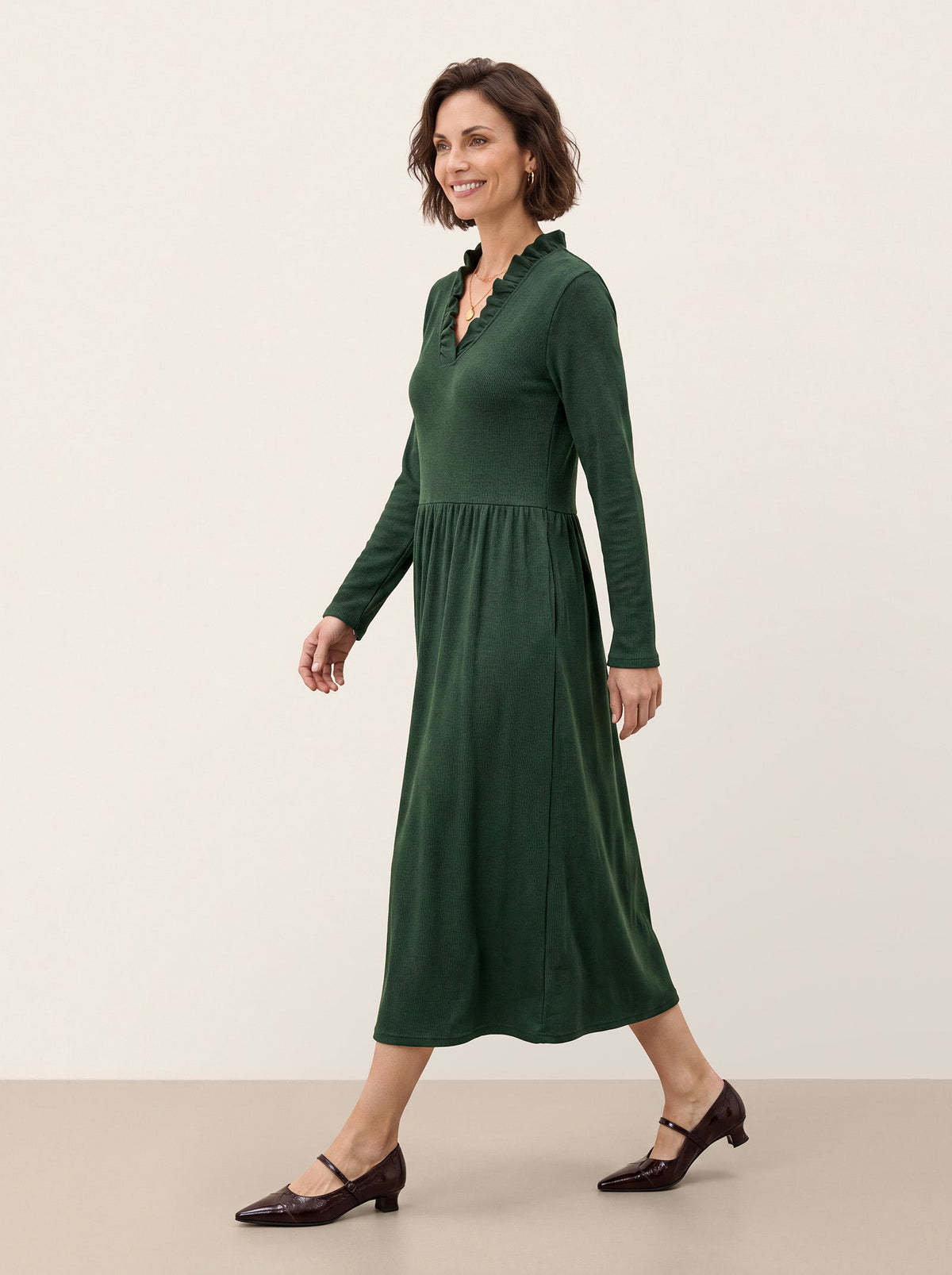 Lyocell Ruffle V-Neck Gathered Waist Knit Midi Dress BRIELLE