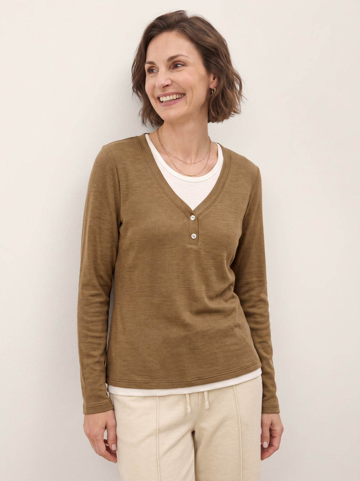 Lyocell Wool Layered Look Button Placket Top SABRINE