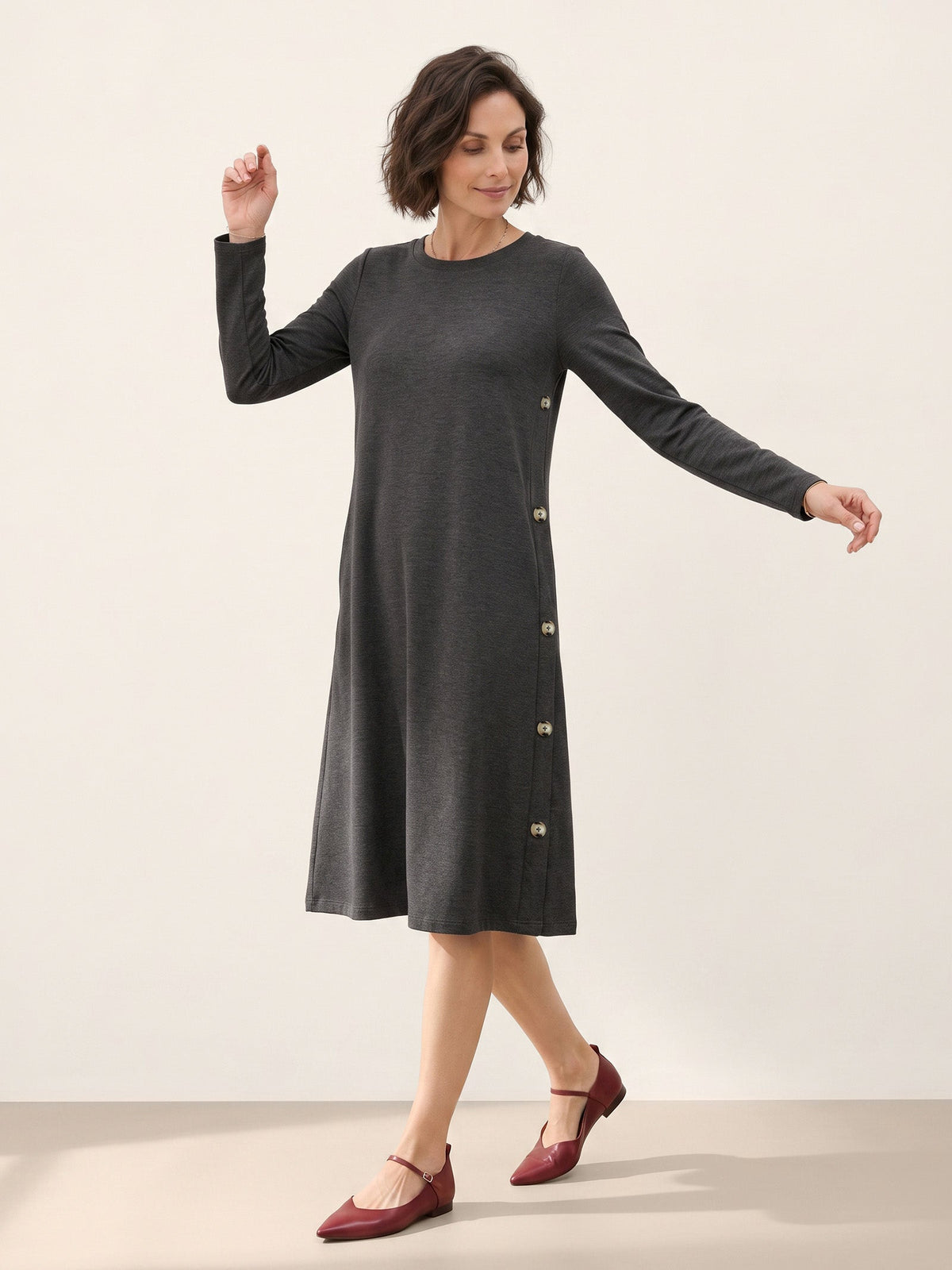 Lyocell Wool Side Button A-Line Knit Midi Dress MIRENA