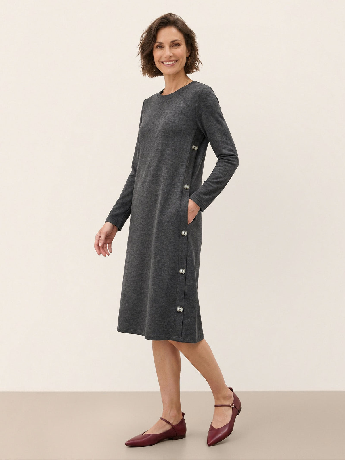Lyocell Wool Side Button A-Line Knit Midi Dress MIRENA