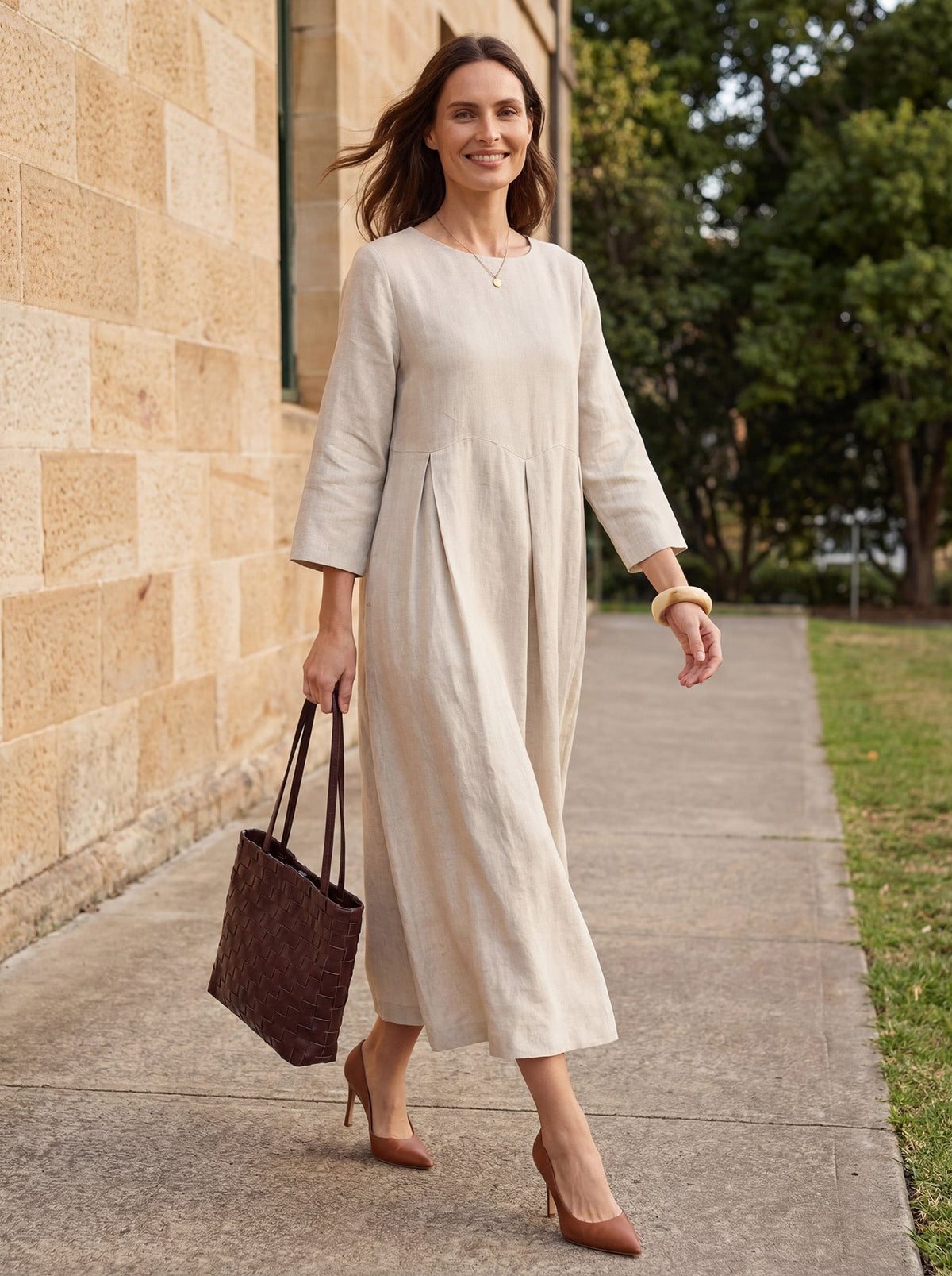100% Linen Bateau Neck Pleated Midi Dress ABIGAIL