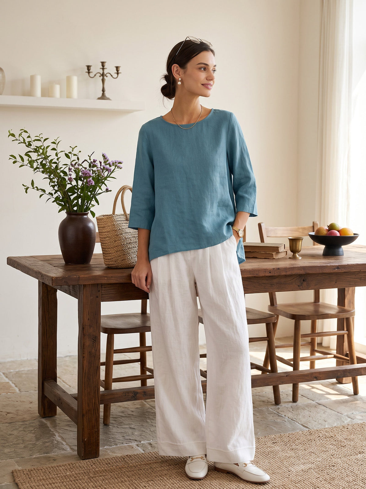 100% Linen Round Neck Asymmetrical Hem Top BRIANNA