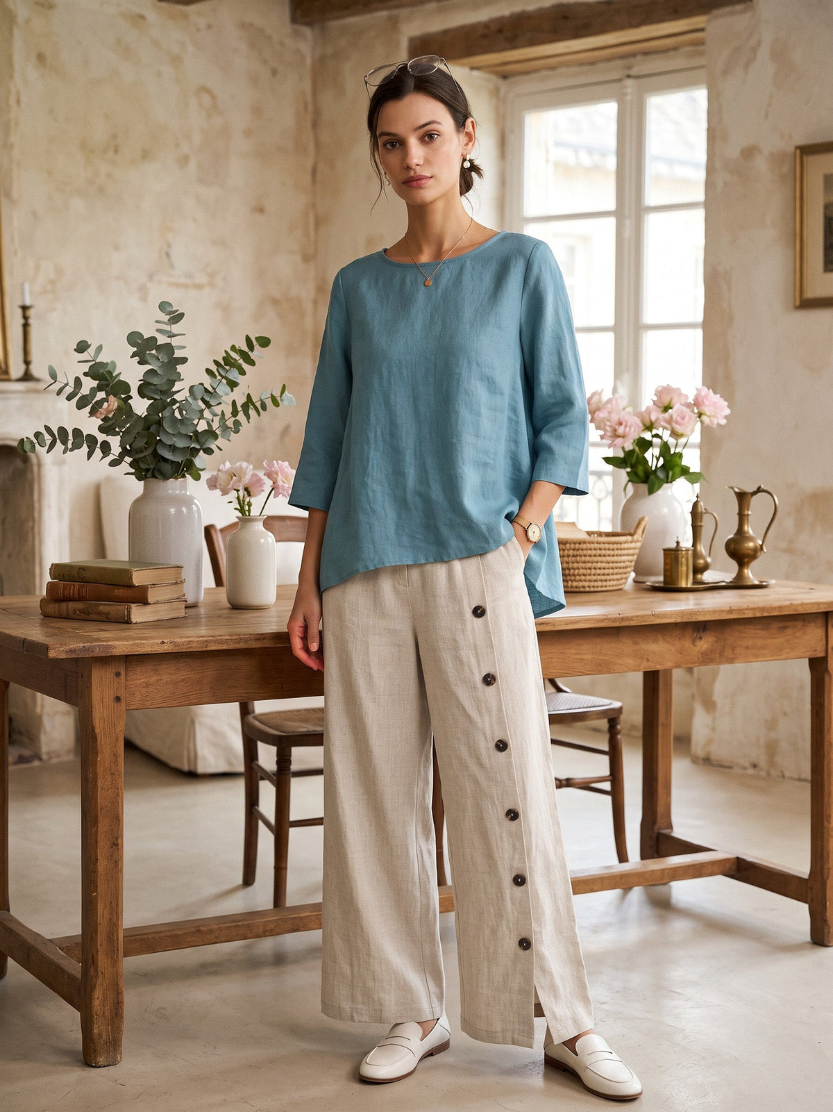 100% Linen Round Neck Asymmetrical Hem Top BRIANNA