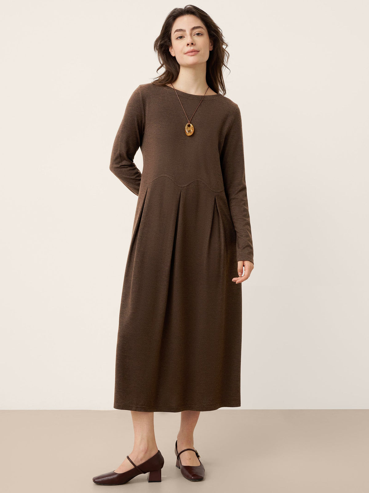 Wool Arc-Panel Sculpted Pleats Midi Dress CALISTA
