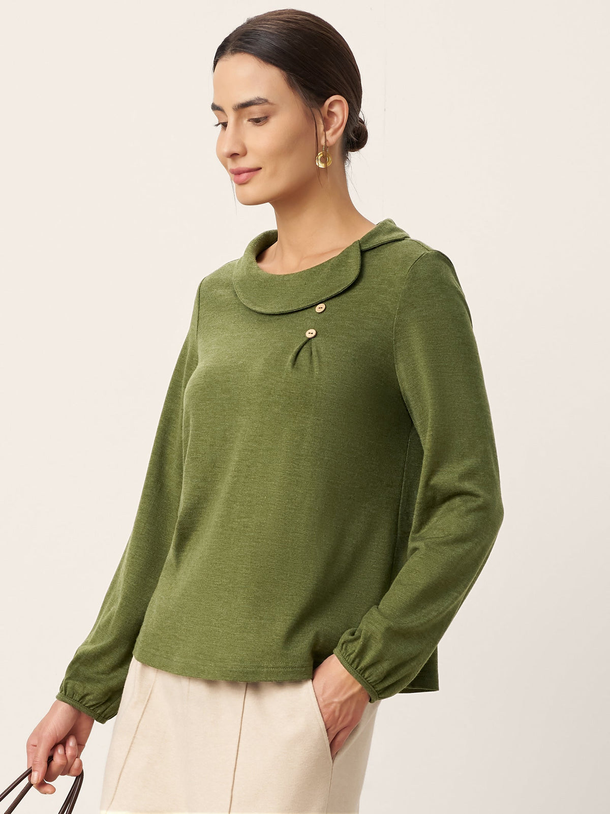 Wool Asymmetric Pleated Long-Sleeve Top ARLETTE