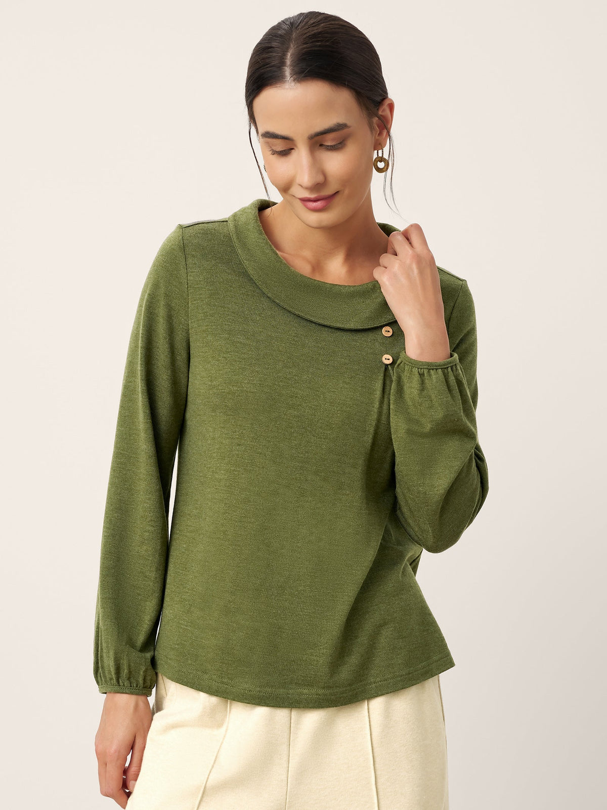 Wool Asymmetric Pleated Long-Sleeve Top ARLETTE