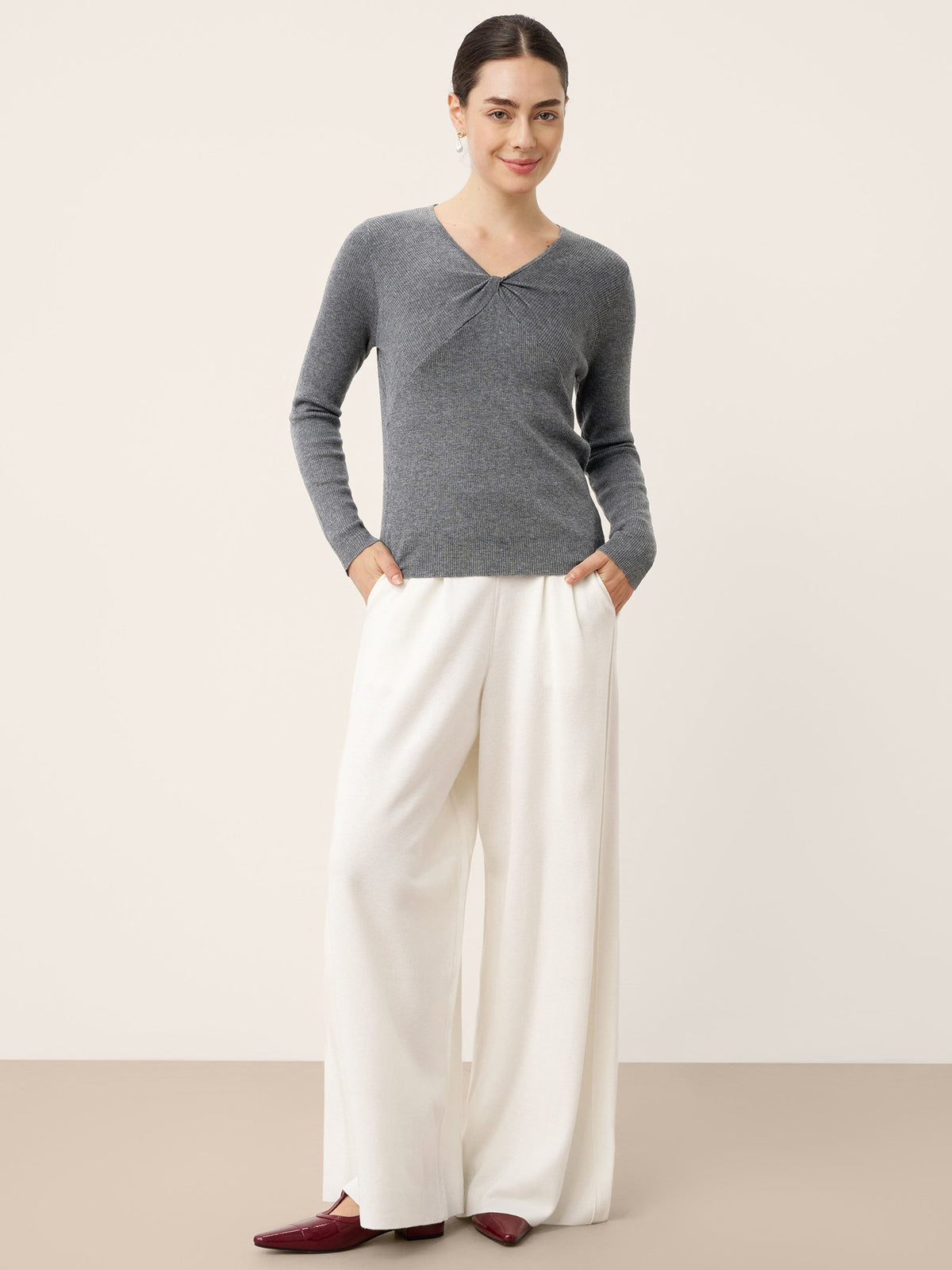 Merino Wool Ruched Panel V-Neck Top RAVEN
