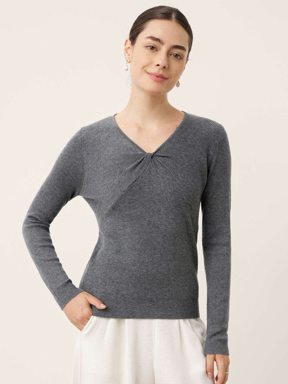 Merino Wool Ruched Panel V-Neck Top RAVEN