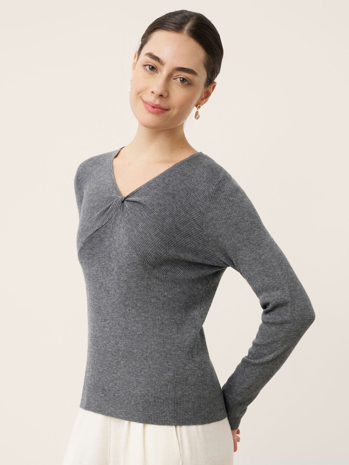 Merino Wool Ruched Panel V-Neck Top RAVEN