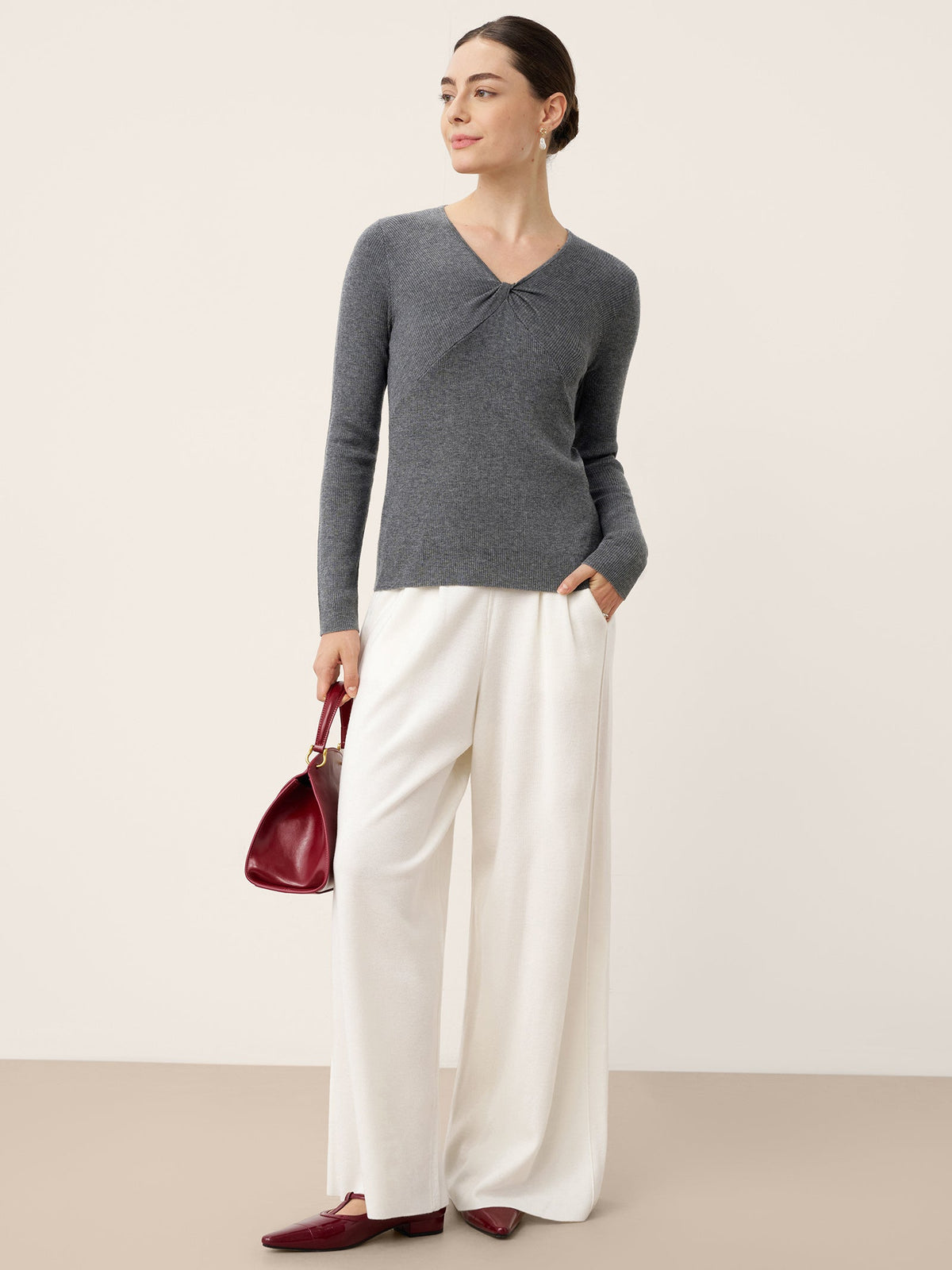 Merino Wool Ruched Panel V-Neck Top RAVEN