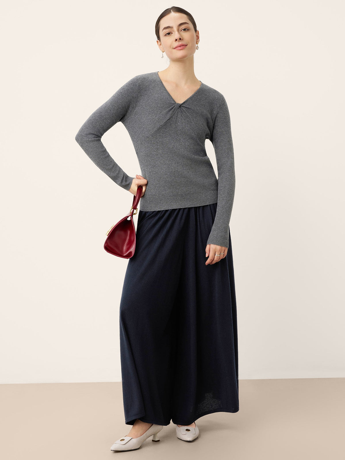 Merino Wool Ruched Panel V-Neck Top RAVEN