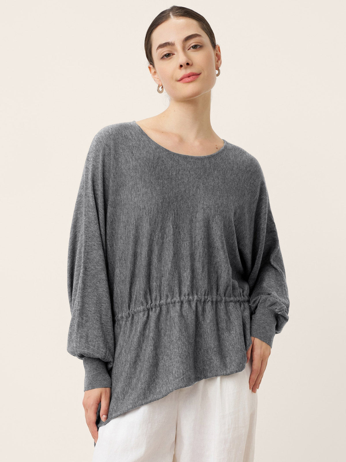 Merino Wool Asymmetric Drawstring Hem Loose Top WREN