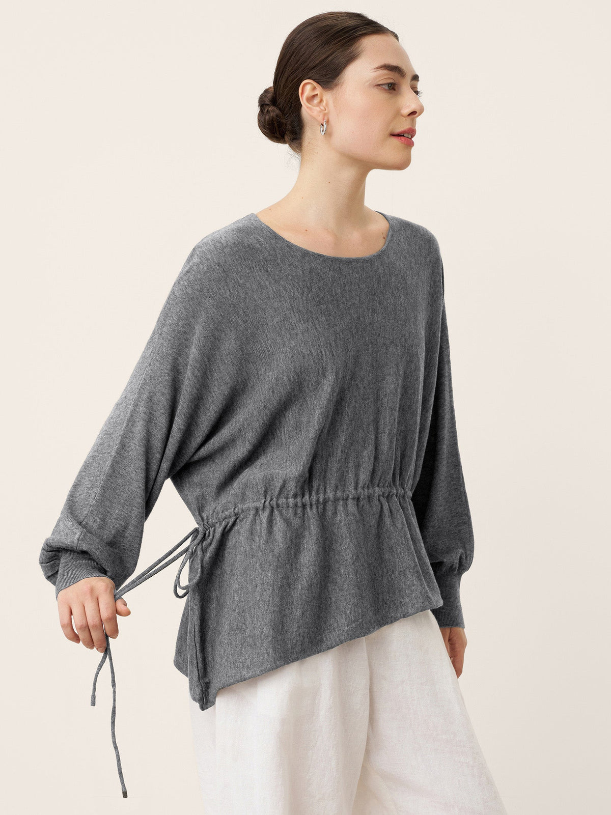 Merino Wool Asymmetric Drawstring Hem Loose Top WREN