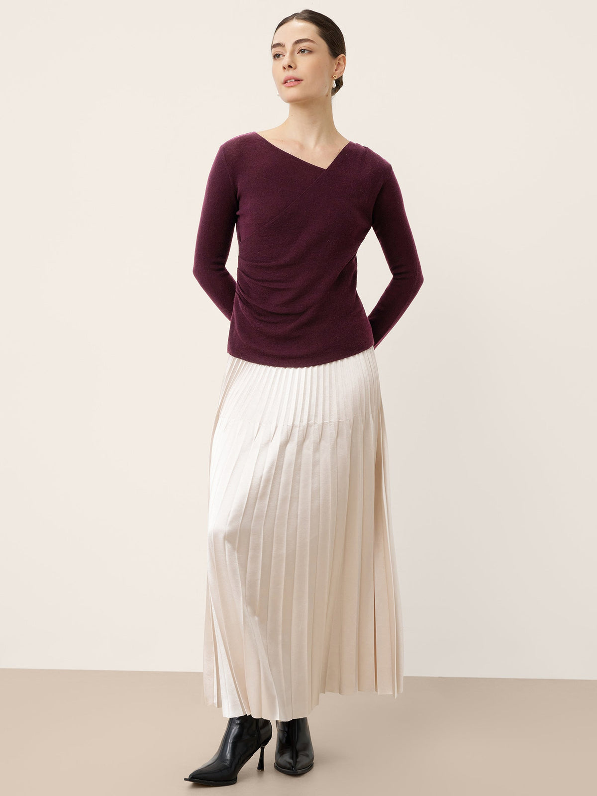 Merino Wool Side-Gathered Crossover V-Neck Top JOVANNA