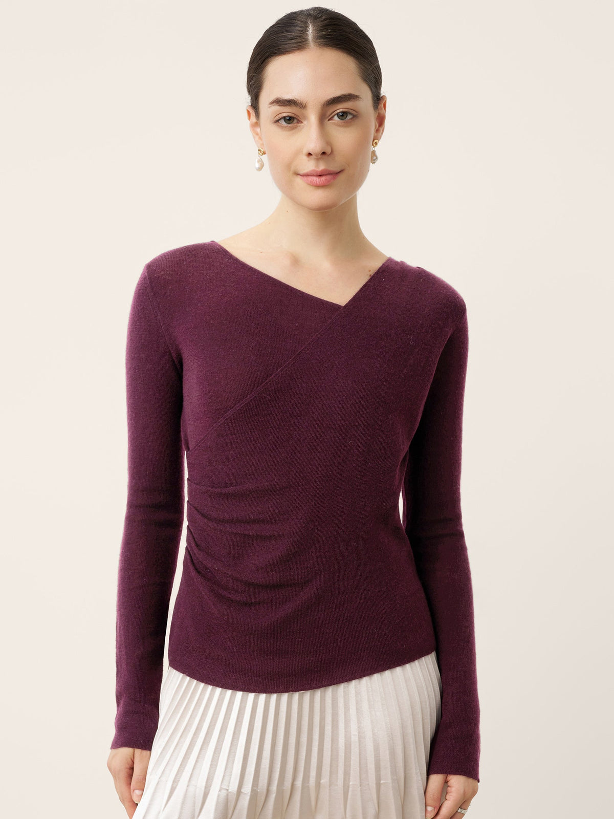 Merino Wool Side-Gathered Crossover V-Neck Top JOVANNA