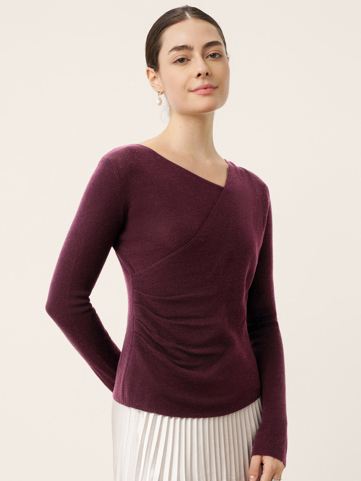 Merino Wool Side-Gathered Crossover V-Neck Top JOVANNA