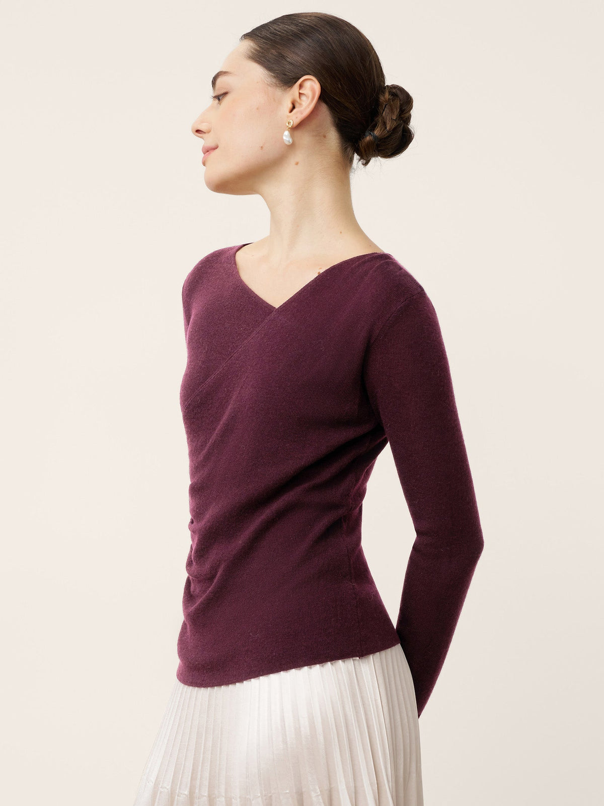 Merino Wool Side-Gathered Crossover V-Neck Top JOVANNA