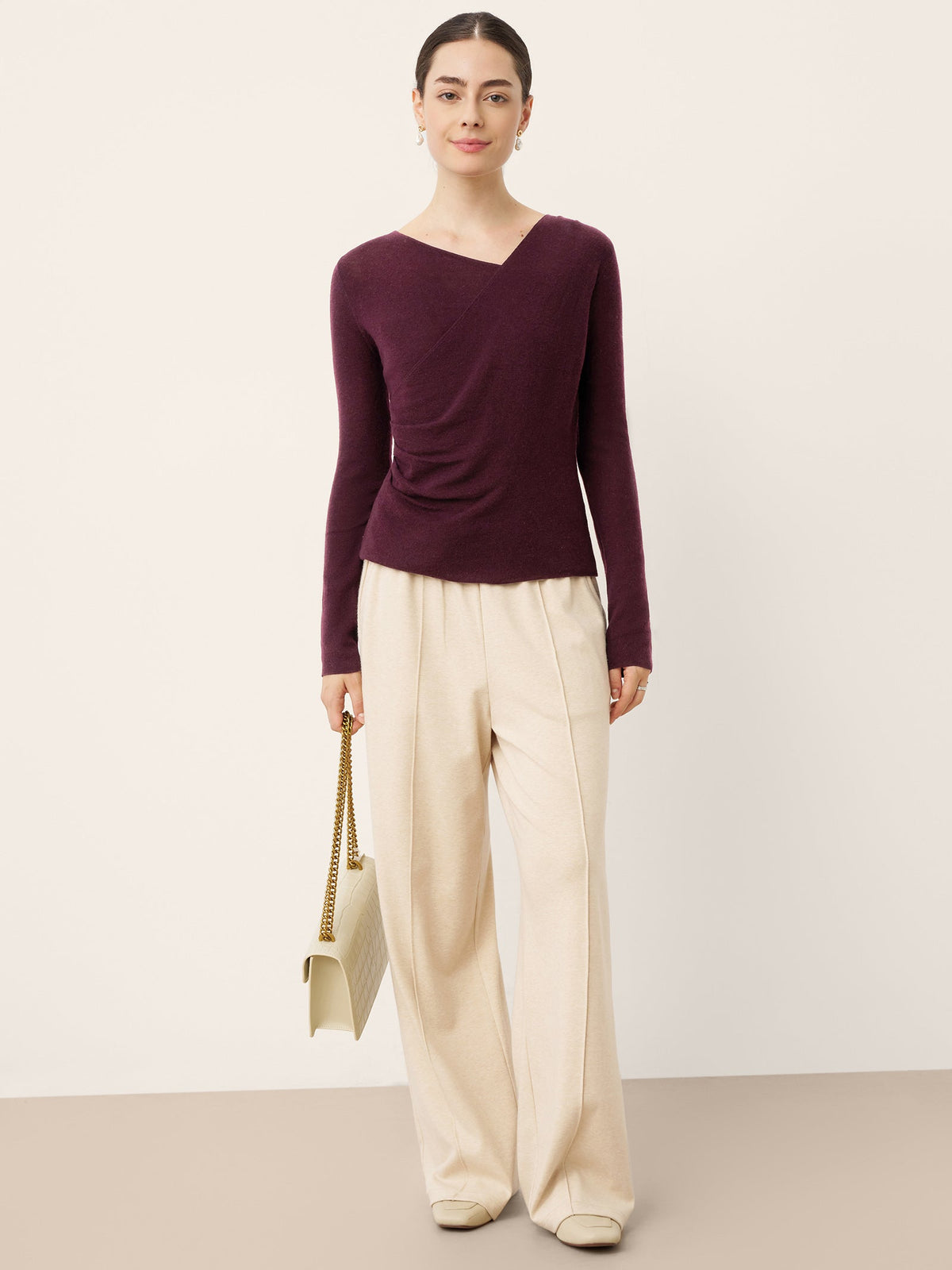Merino Wool Side-Gathered Crossover V-Neck Top JOVANNA