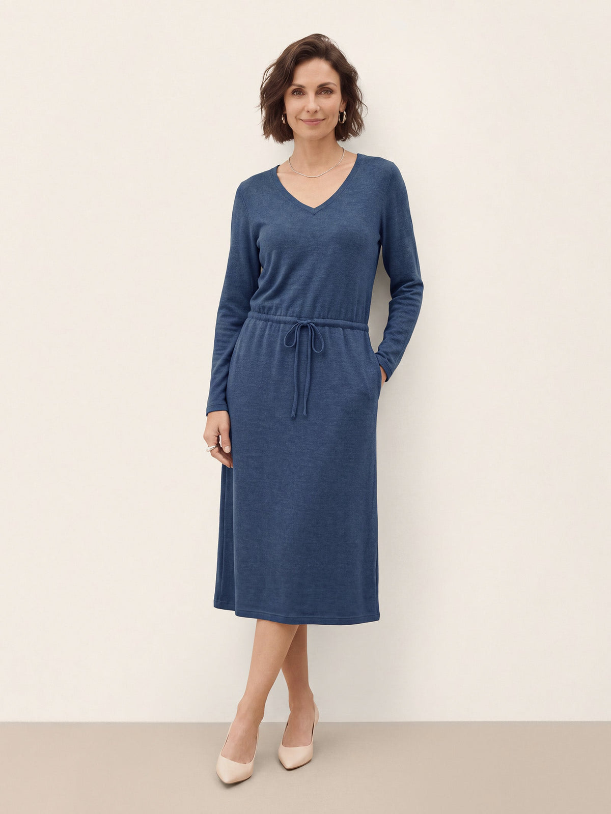 Wool V Neck Drawstring Waist Knit Midi Dress NOEMIE