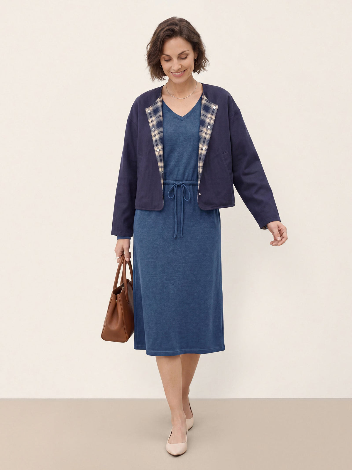 Wool V Neck Drawstring Waist Knit Midi Dress NOEMIE