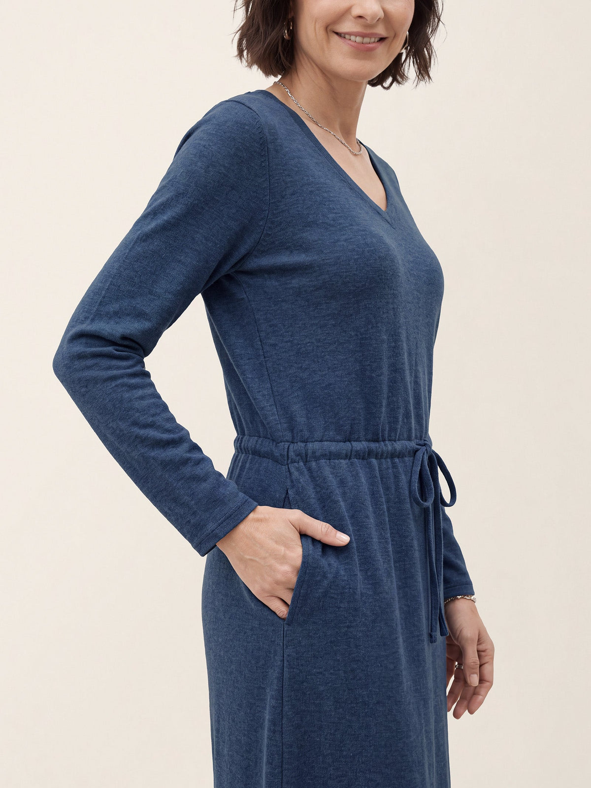 Wool V Neck Drawstring Waist Knit Midi Dress NOEMIE