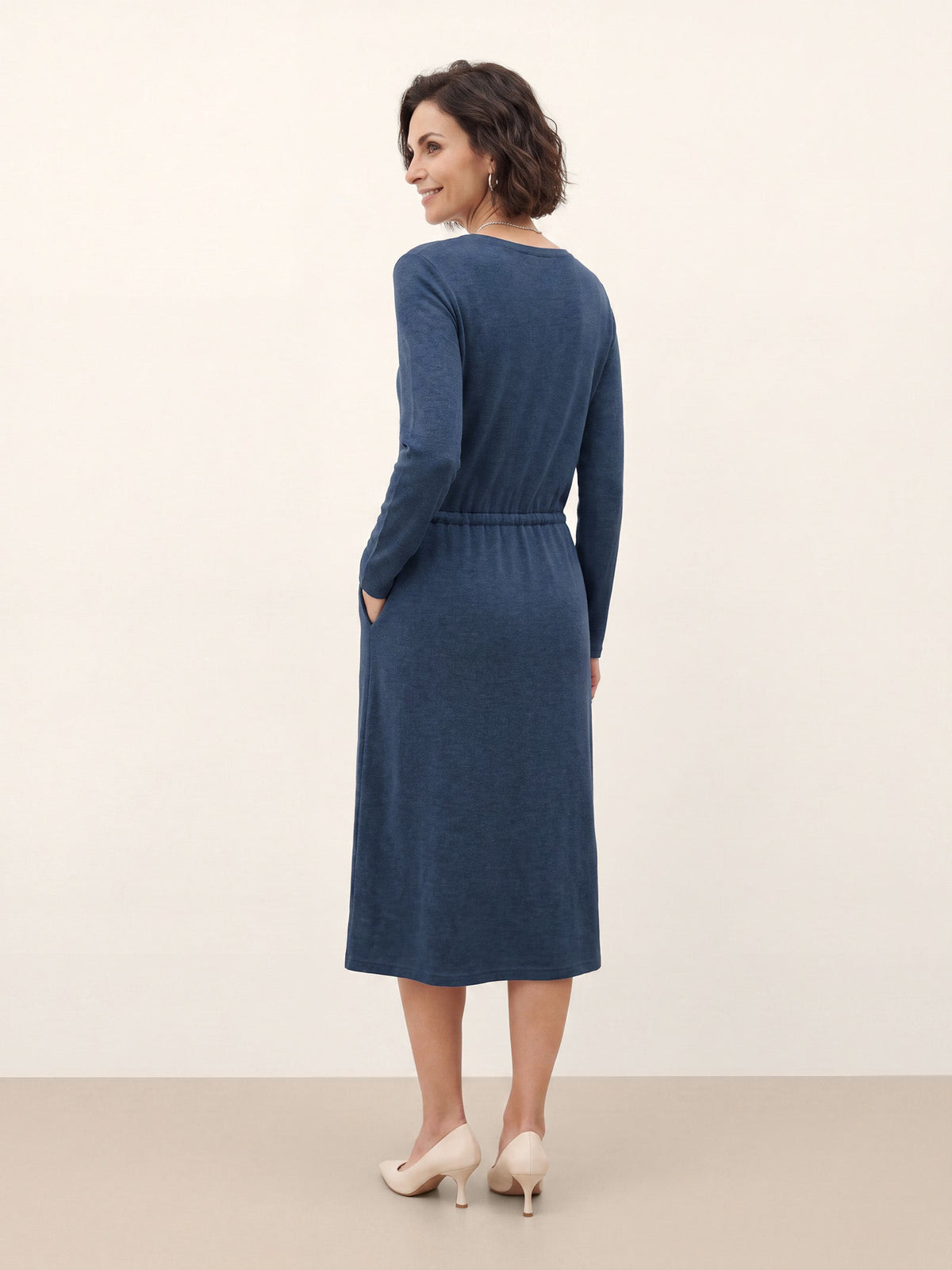 Wool V Neck Drawstring Waist Knit Midi Dress NOEMIE