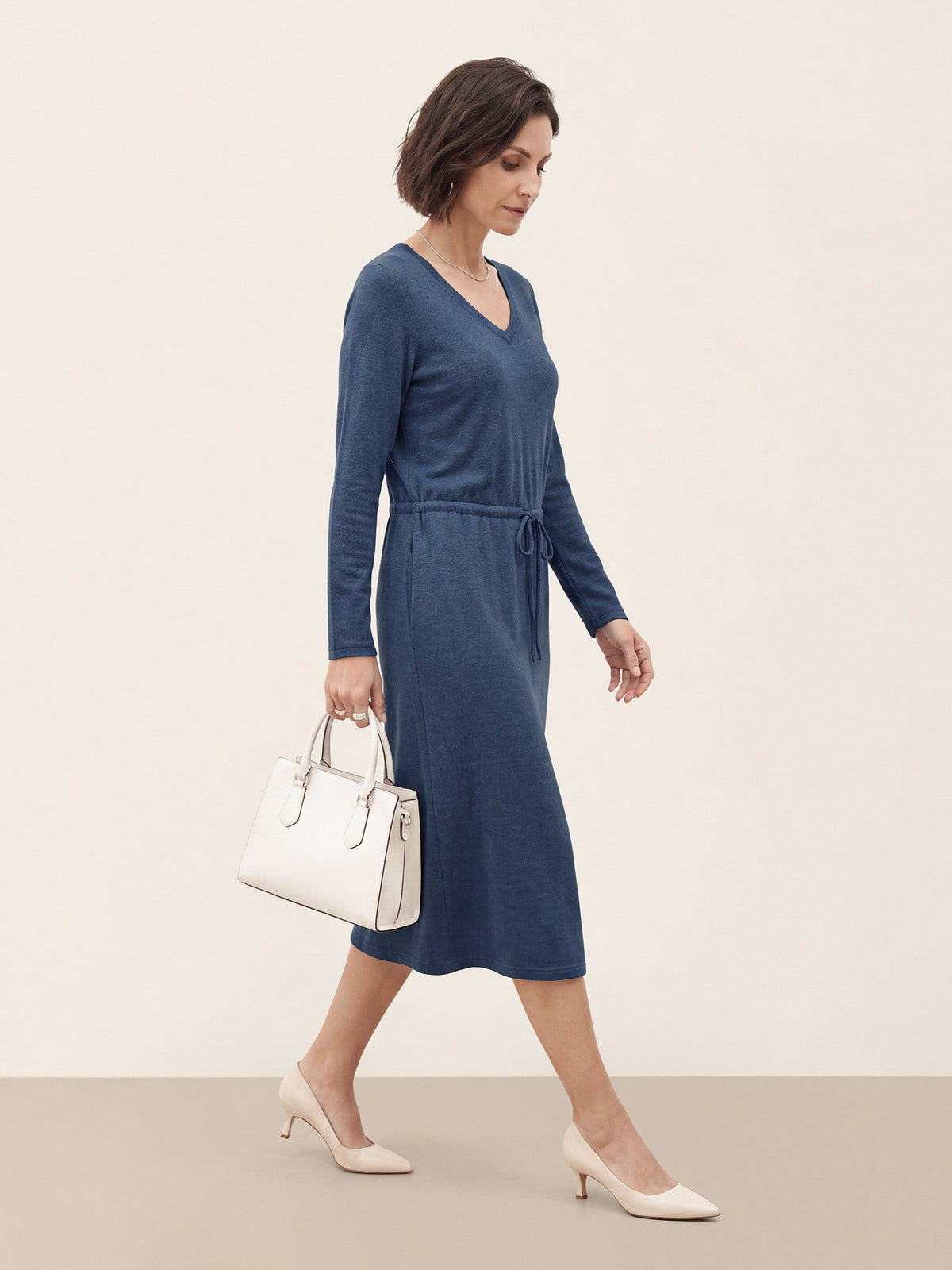Wool V Neck Drawstring Waist Knit Midi Dress NOEMIE