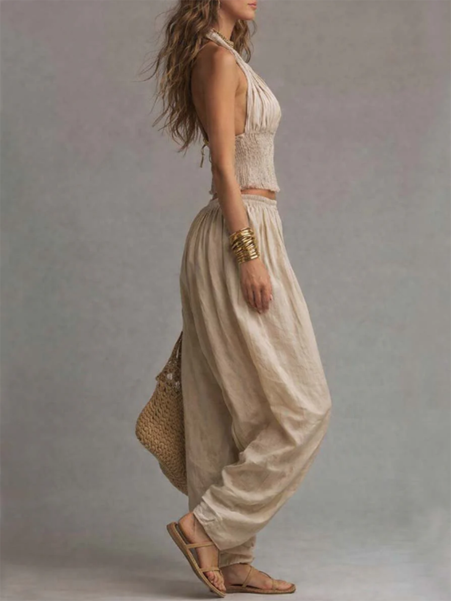 Boho Halter Top & Wide-leg Pants Two-piece Set