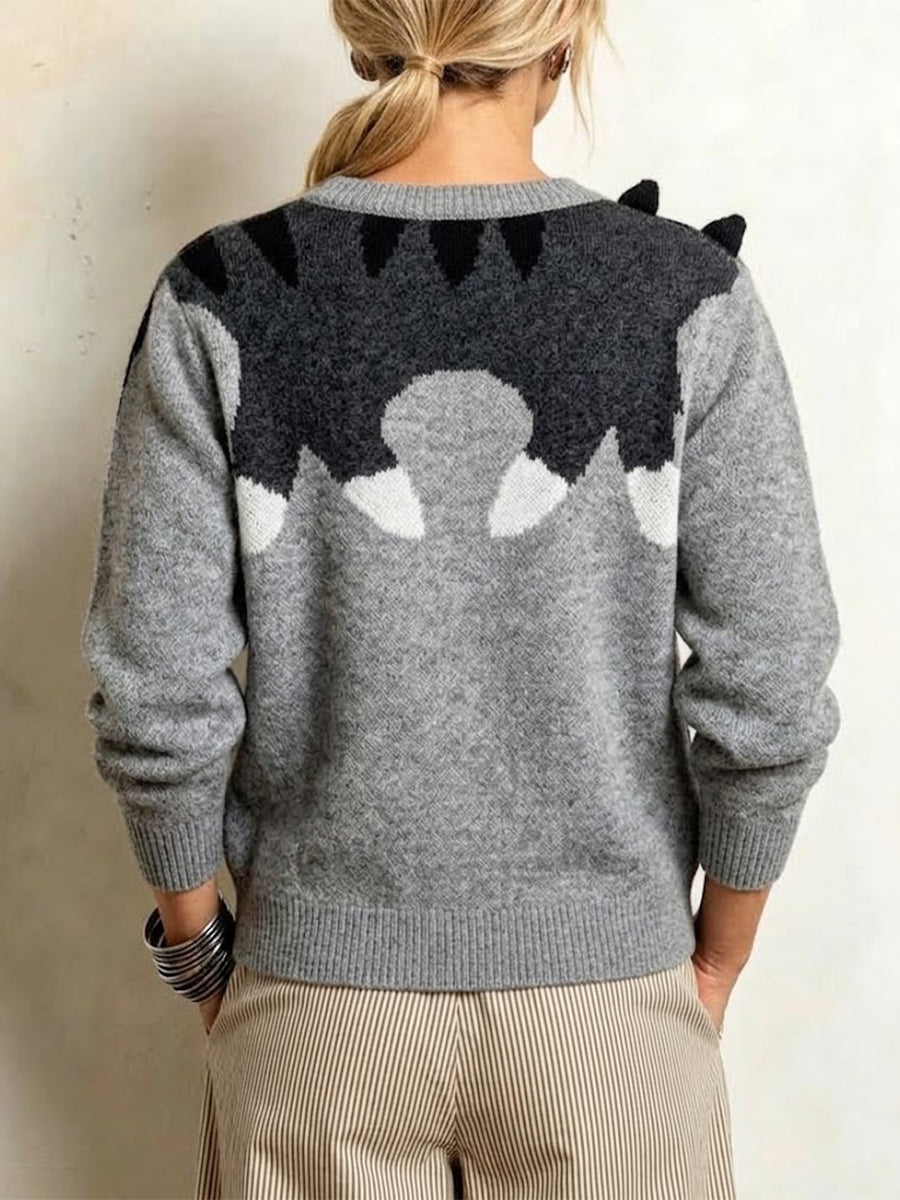 Cozy -Loose-fit Crew-neck Knit Sweater With Cat Jacquard Pattern