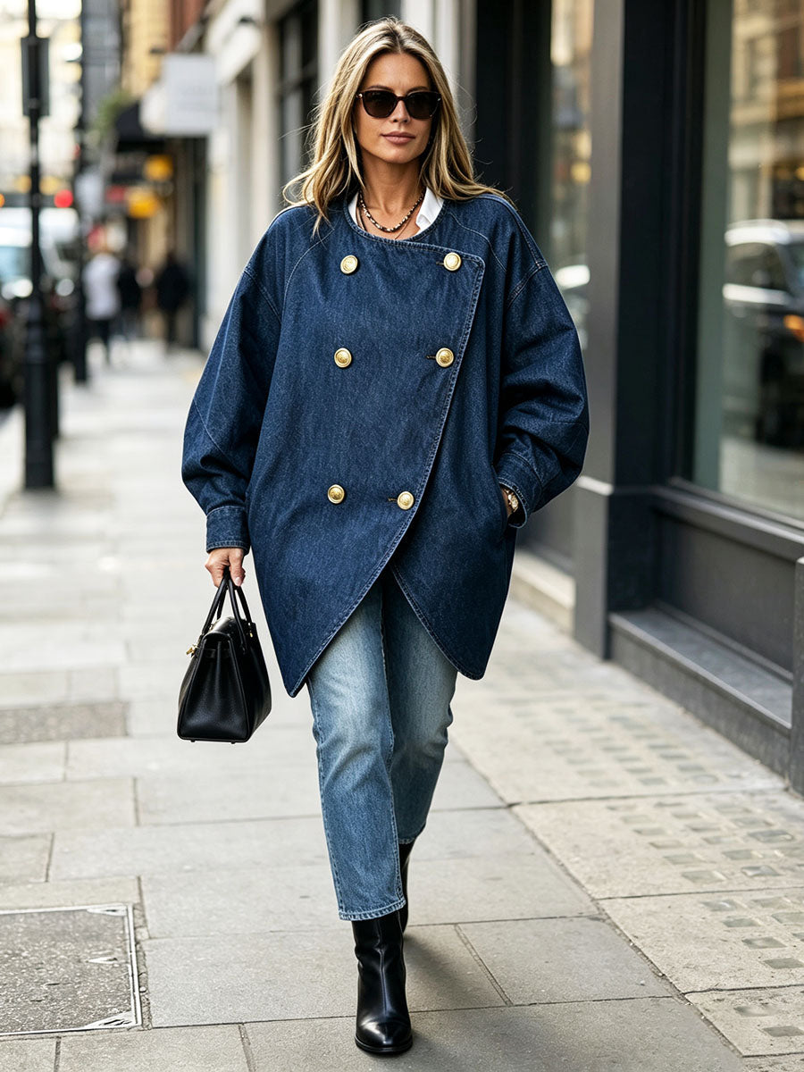 Elegant Dark Blue Denim Double-breasted Jacket