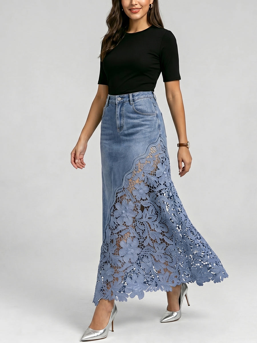 Stylish Lace-paneled Cutout Denim Skirtv