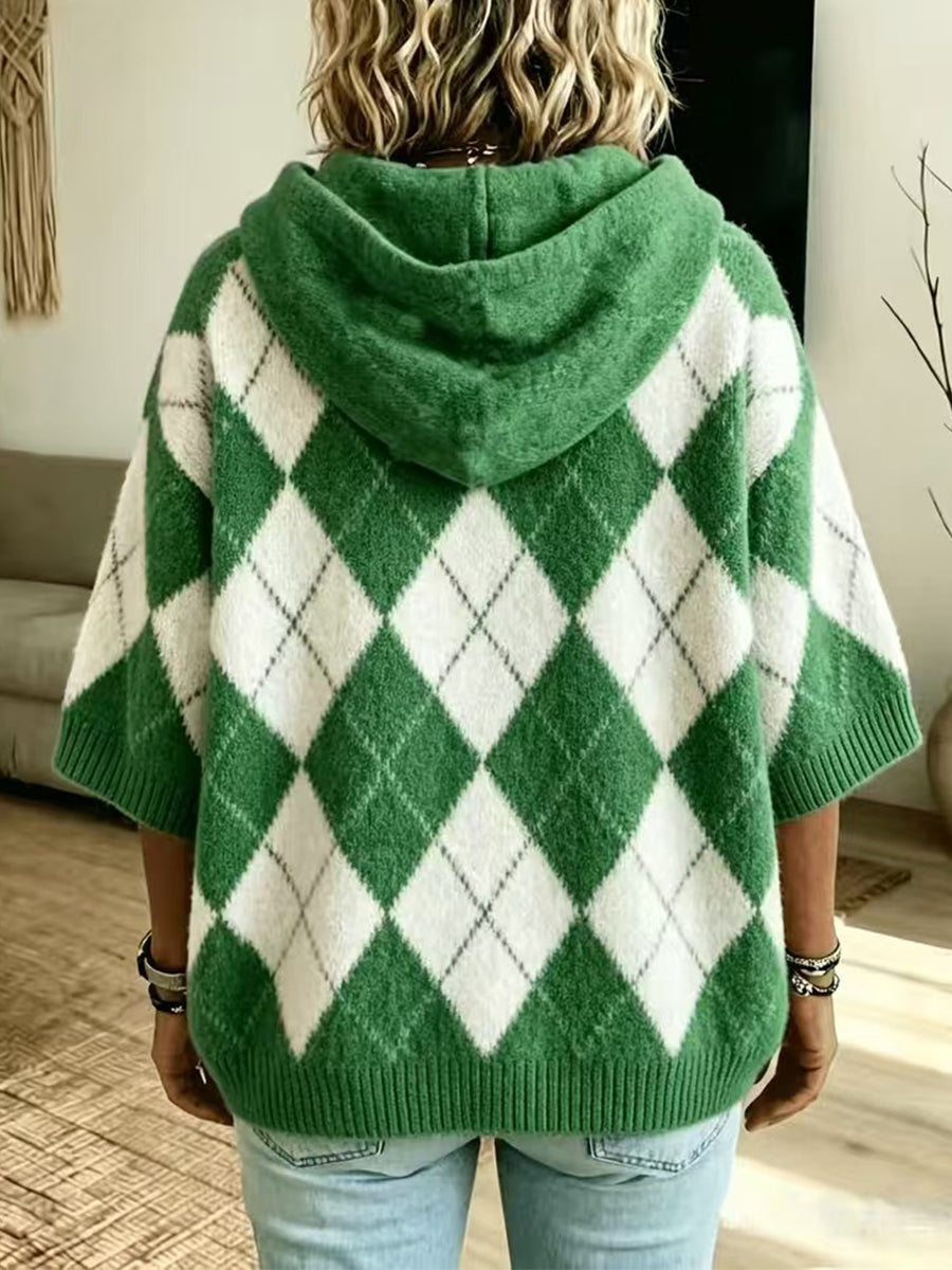 Checked-print Casual Hooded Knit Drawstring Sweatshirt