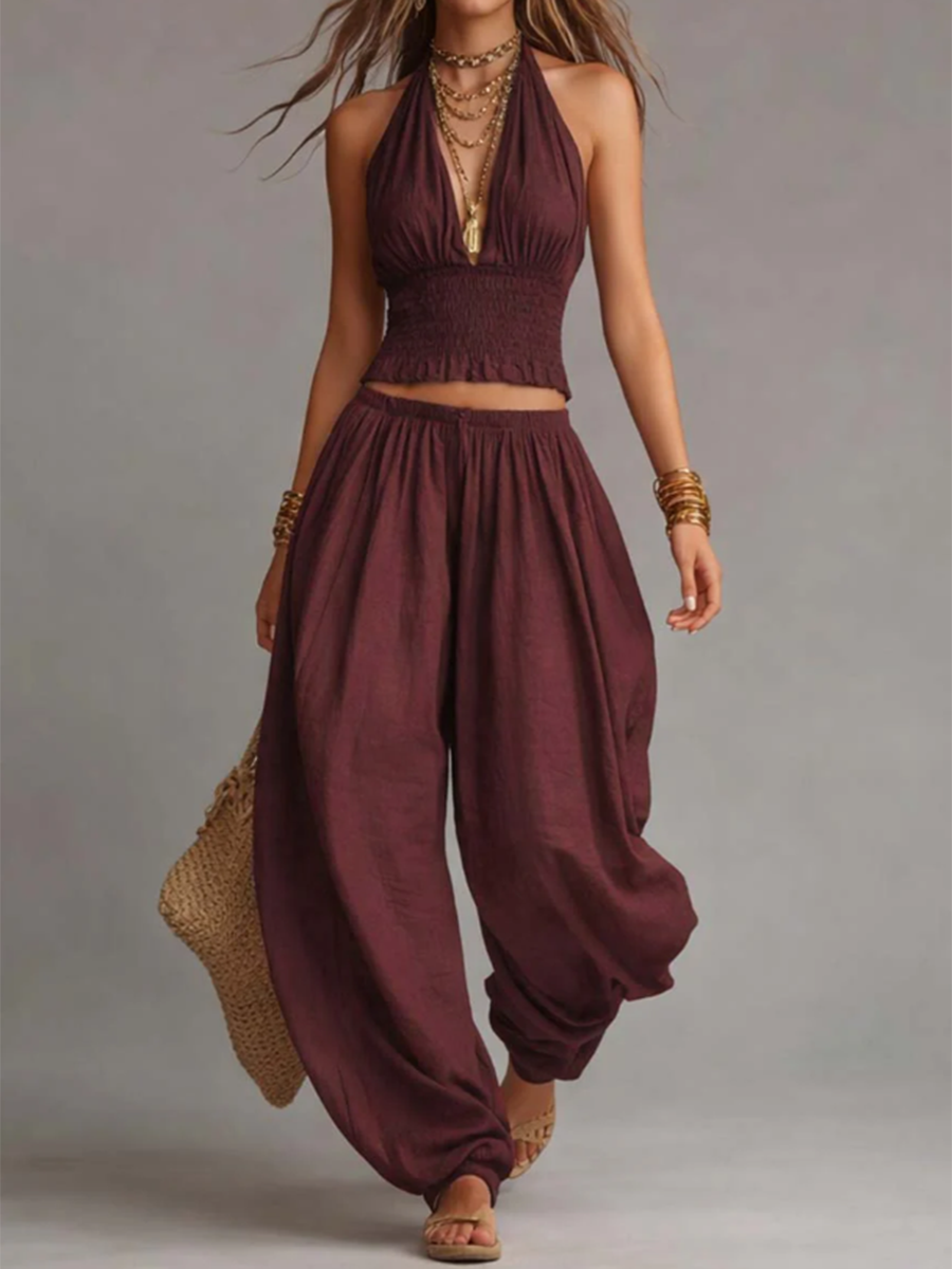 Boho Halter Top & Wide-leg Pants Two-piece Set