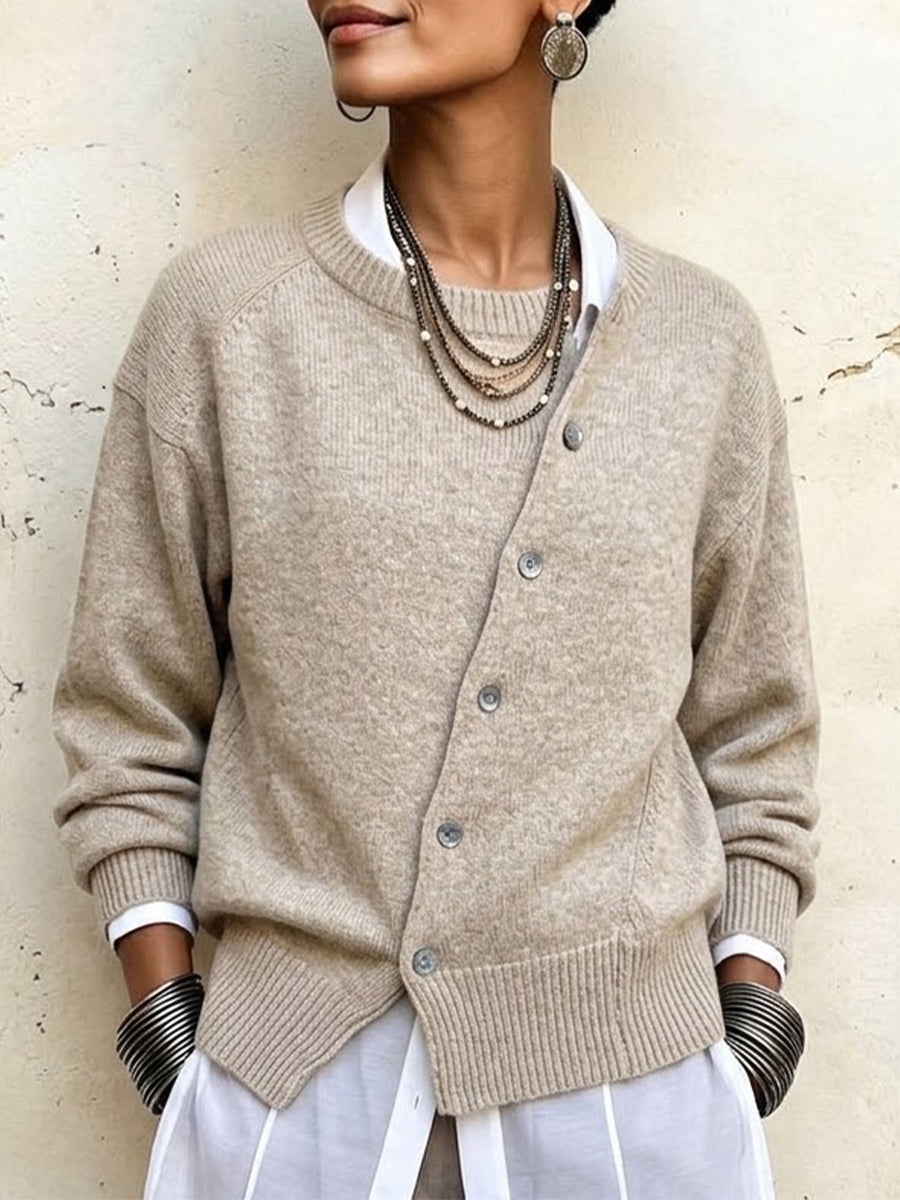 Cozy -Asymmetric Button-fastening Irregular-design Crew-neck Knit Jacket