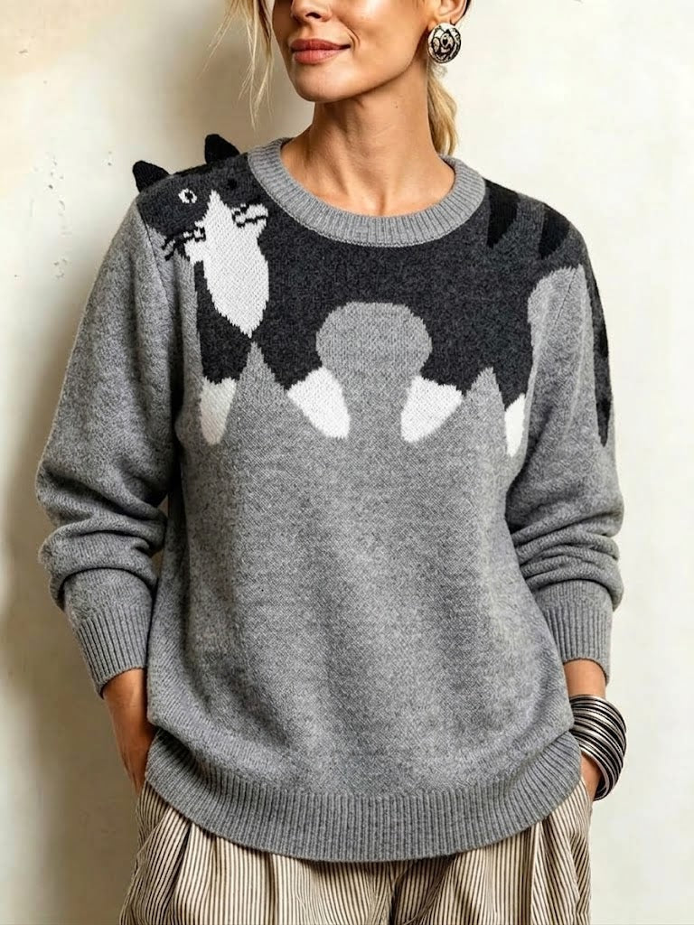 Cozy -Loose-fit Crew-neck Knit Sweater With Cat Jacquard Pattern