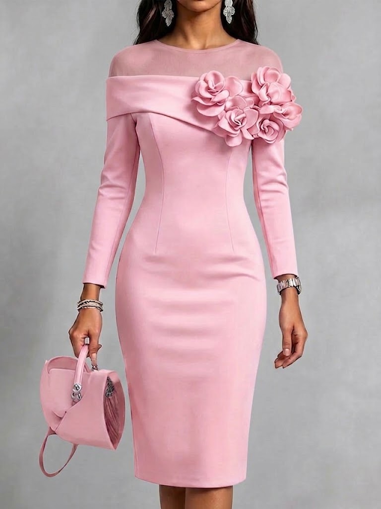 Curated Designer –Solid-color, Slim-fit Dress With A Round Neck And 3d Floral Embellishment On The Side
